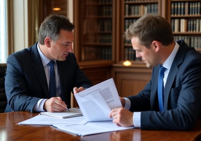 Lawyers discussing contract terms in a professional office setting